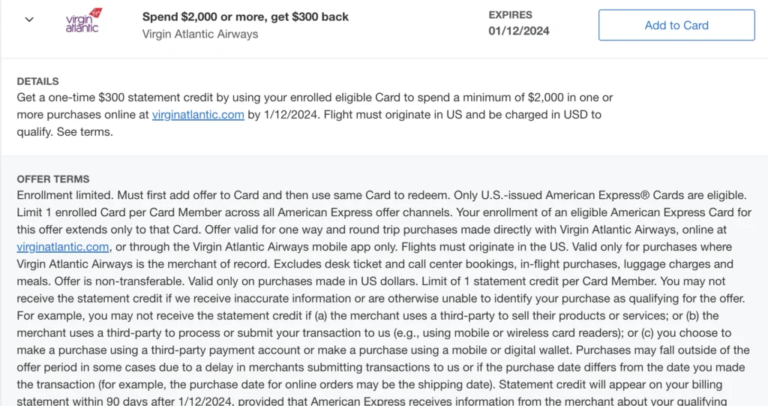 AmEx Offers: Virgin Atlantic, Spend $2,500 & Get $200 Statement Credit